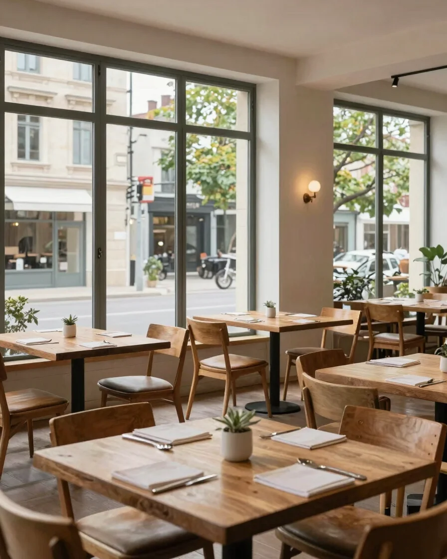 Vue large d’une salle de restaurant dressée de tables en bois cla