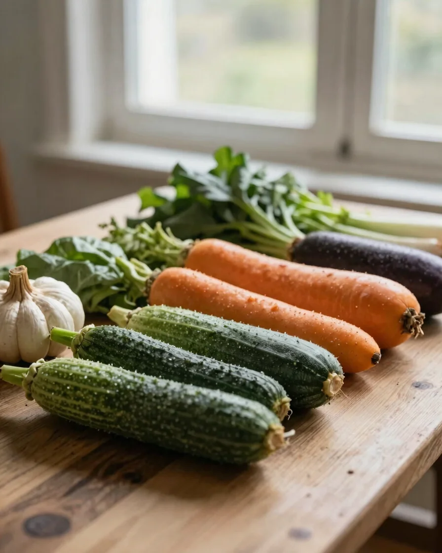 Gros plan éditorial sur des légumes de saison posés sur une planche en bois clair, lumière naturelle douce venant d'une