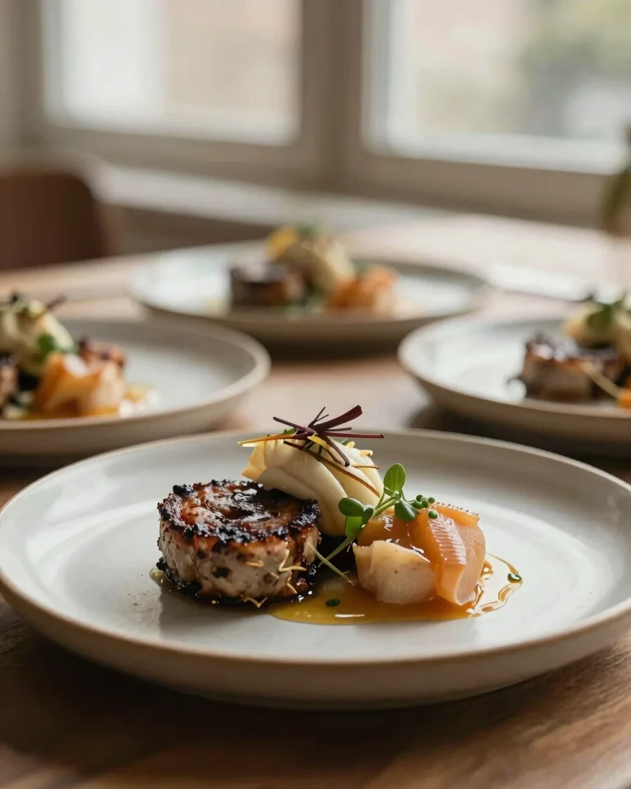 Photographie éditoriale d'un plat de saison dressé sur une assiet