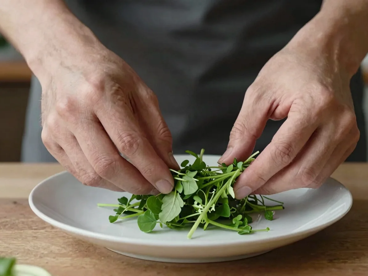 Gros plan éditorial sur les mains d'un cuisinier disposant une he