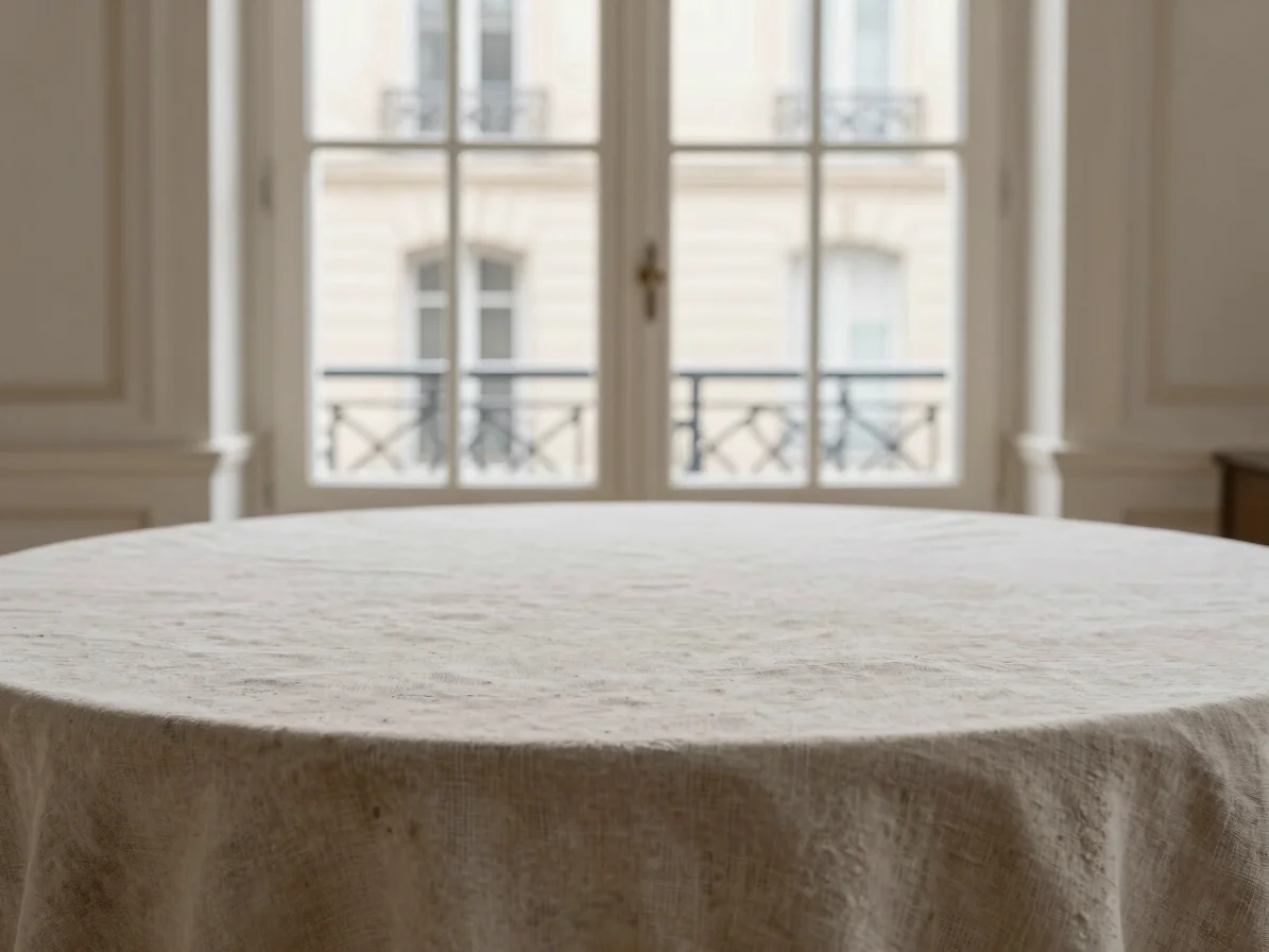 Table dressée dans une salle contemporaine parisienne, lumière na