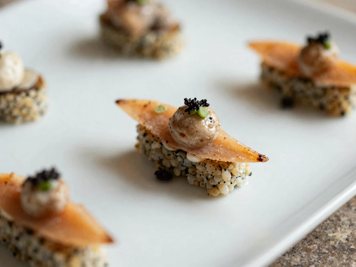 Détail d'une assiette de saison dressée pour un menu sur mesure,