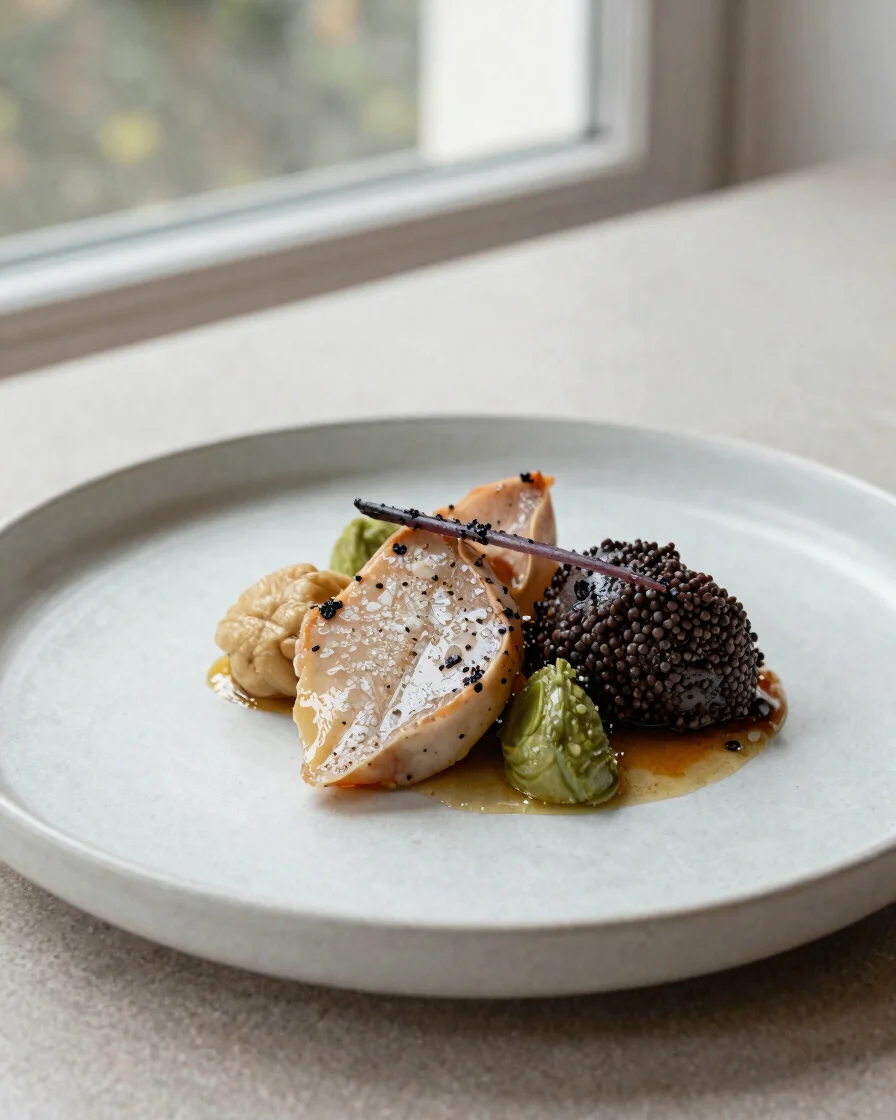 Détail éditorial d’un plat de saison dressé sur une assiette en c